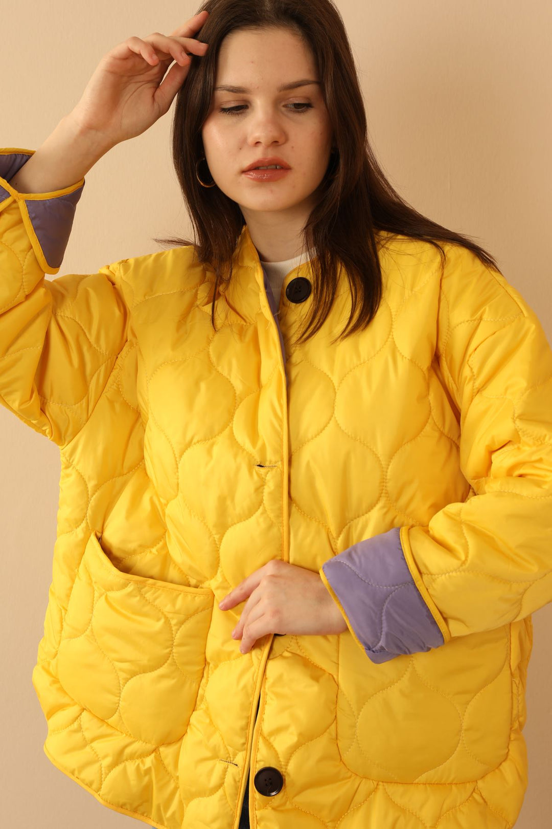 KKT Jesica Fabric Onion Pattern Women Puffer Jacket-Yellow - Cedar Rapids