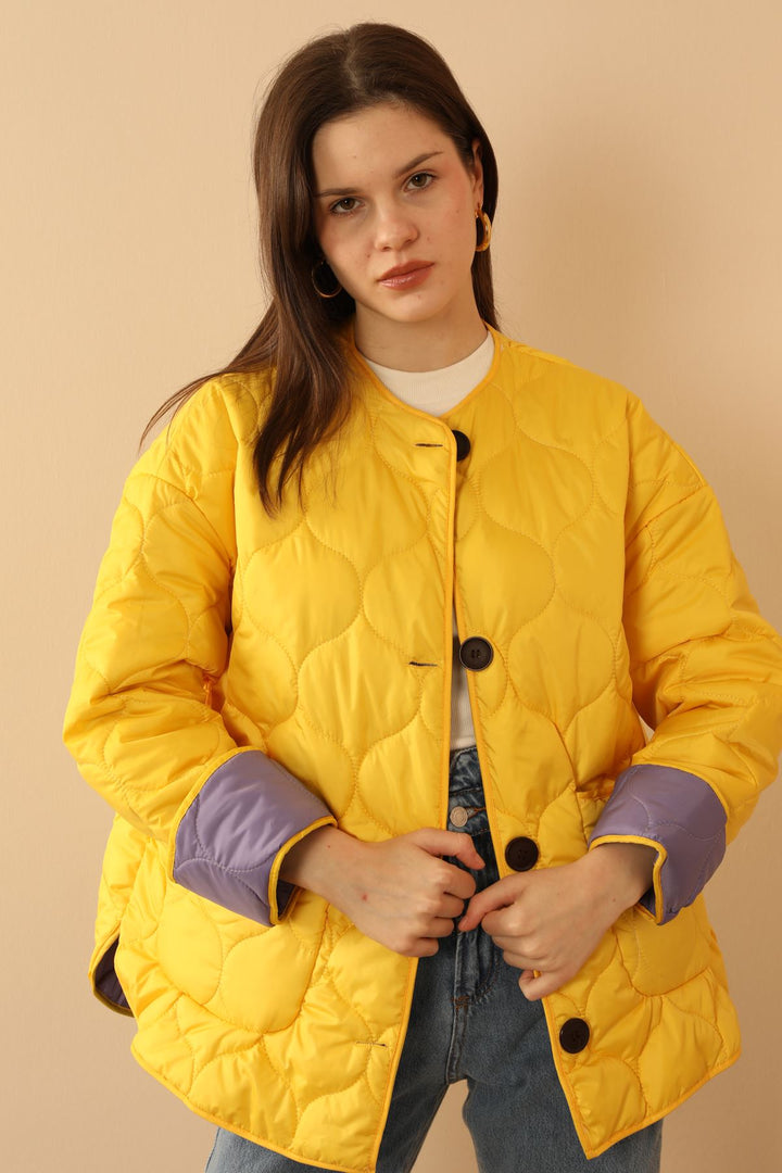 KKT Jesica Fabric Onion Pattern Women Puffer Jacket-Yellow - Cedar Rapids