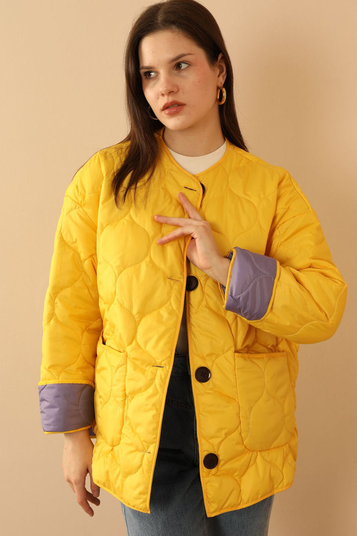 KKT Jesica Fabric Onion Pattern Women Puffer Jacket-Yellow - Cedar Rapids