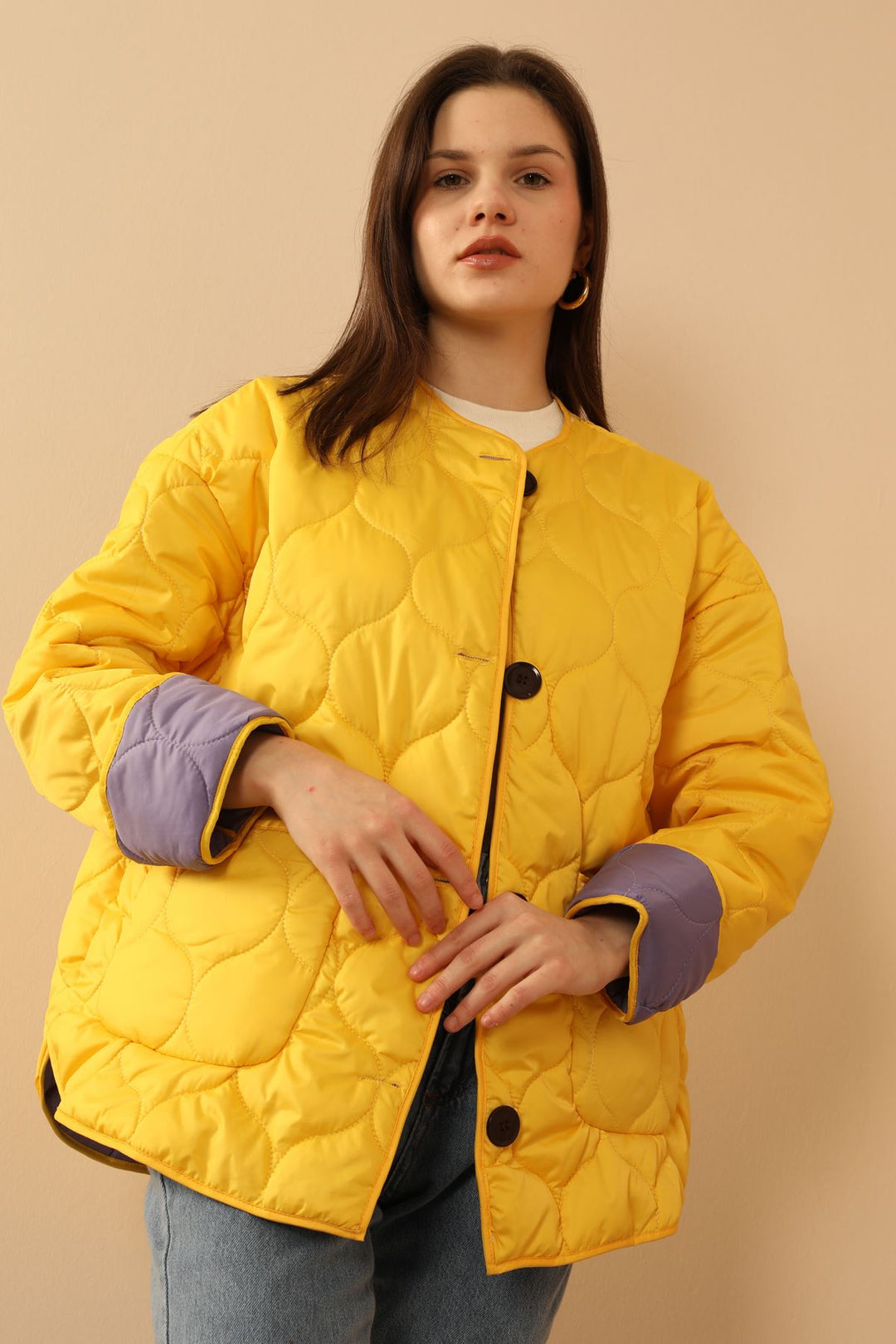 KKT Jesica Fabric Onion Pattern Women Puffer Jacket-Yellow - Cedar Rapids