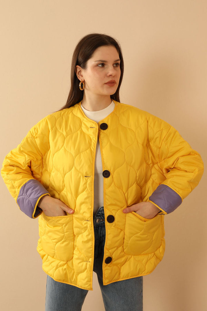 KKT Jesica Fabric Onion Pattern Women Puffer Jacket-Yellow - Cedar Rapids