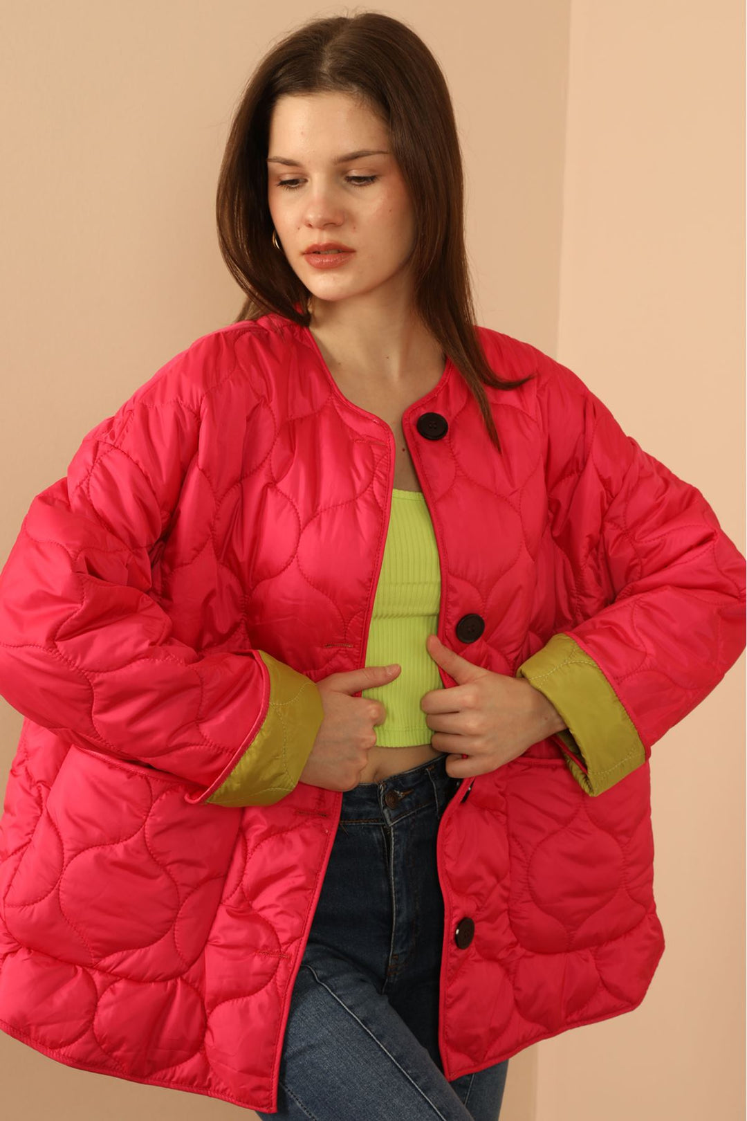 KKT Jesica Fabric Onion Pattern Women Puffer Jacket-Fuchia - Purmerend