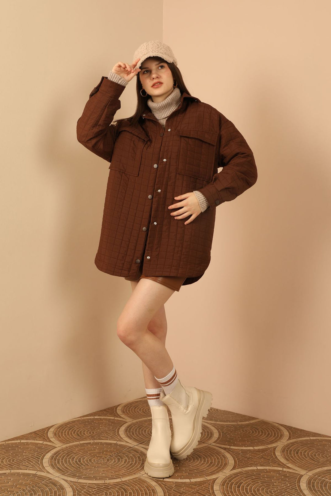 KKT Jakar Fabric Big Square Pattern Oversize Women Shirt-Brown - Wunstorf