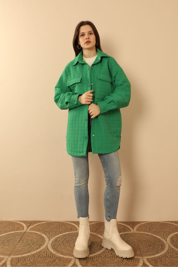 KKT Jakar Fabric Big Square Pattern Oversize Women Shirt-Green - Zoetermeer