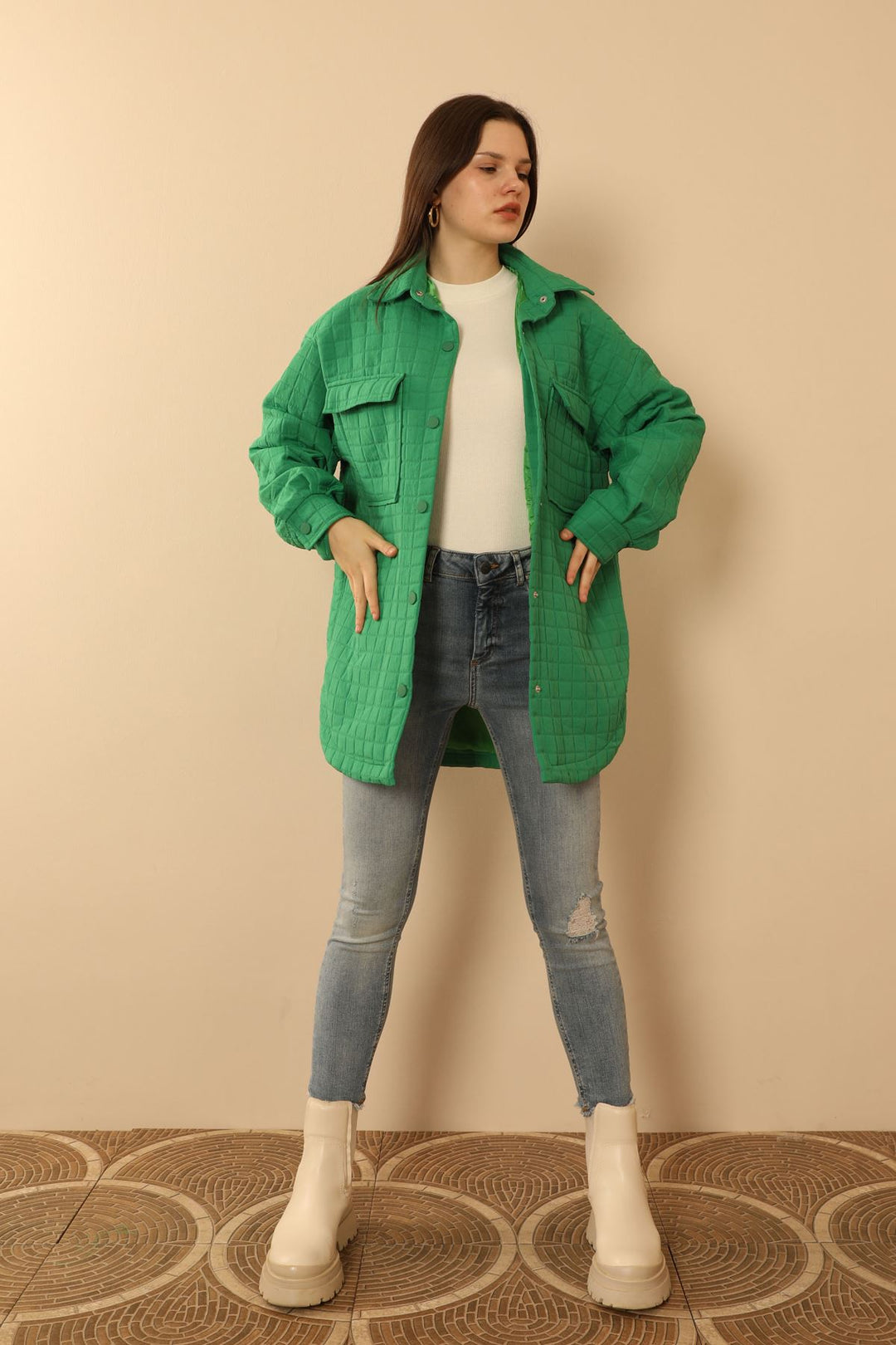 KKT Jakar Fabric Big Square Pattern Oversize Women Shirt-Green - Zoetermeer