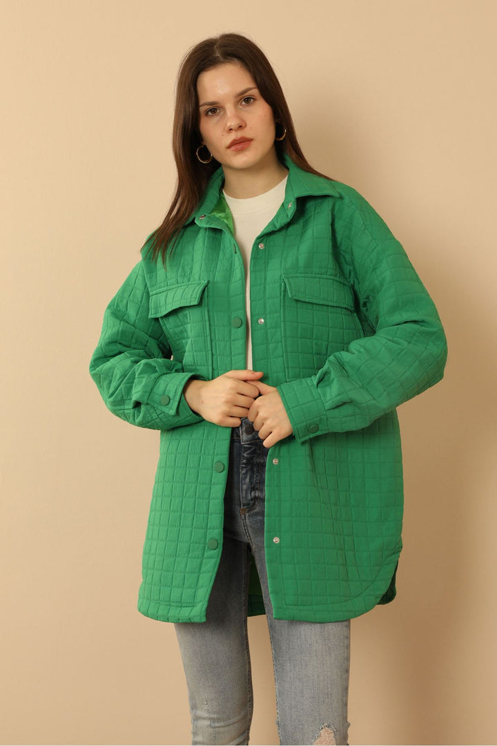 KKT Jakar Fabric Big Square Pattern Oversize Women Shirt-Green - Zoetermeer