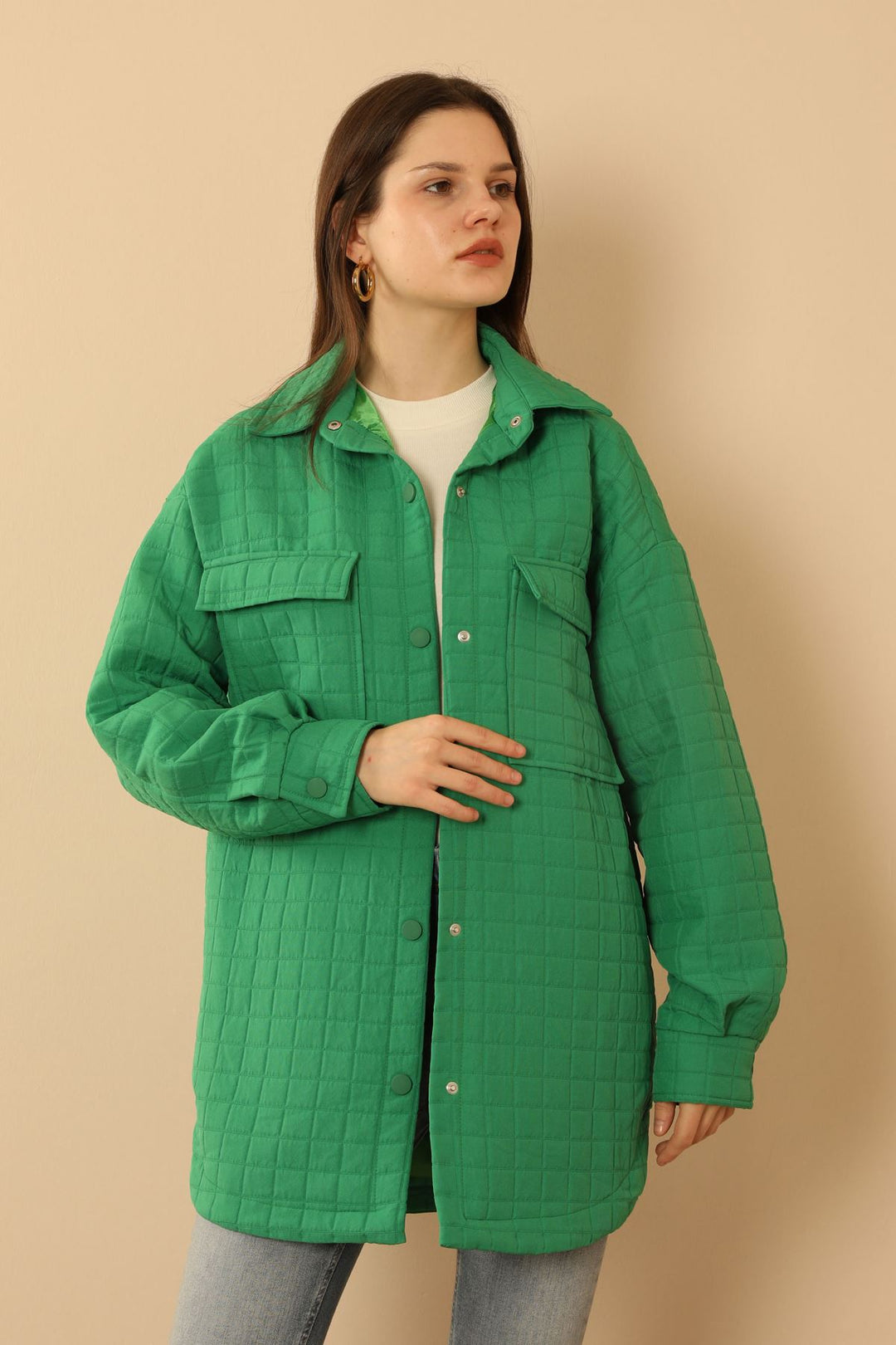 KKT Jakar Fabric Big Square Pattern Oversize Women Shirt-Green - Zoetermeer