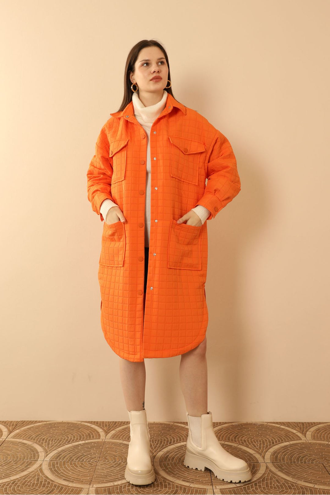 KKT Jakar Fabric Big Square Pattern Oversize Long Women Shirt-Orange - Saltillo