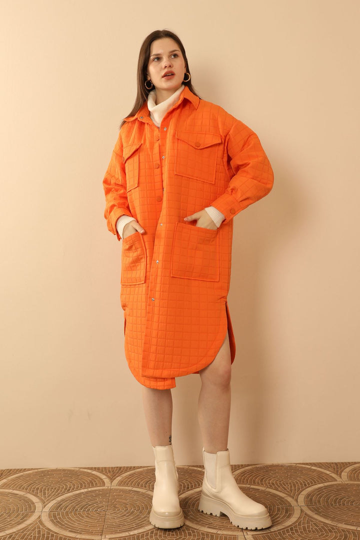 KKT Jakar Fabric Big Square Pattern Oversize Long Women Shirt-Orange - Saltillo