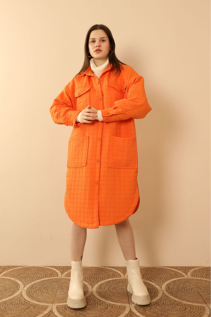 KKT Jakar Fabric Big Square Pattern Oversize Long Women Shirt-Orange - Saltillo