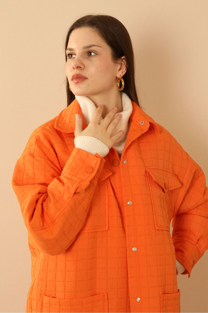 KKT Jakar Fabric Big Square Pattern Oversize Long Women Shirt-Orange - Saltillo