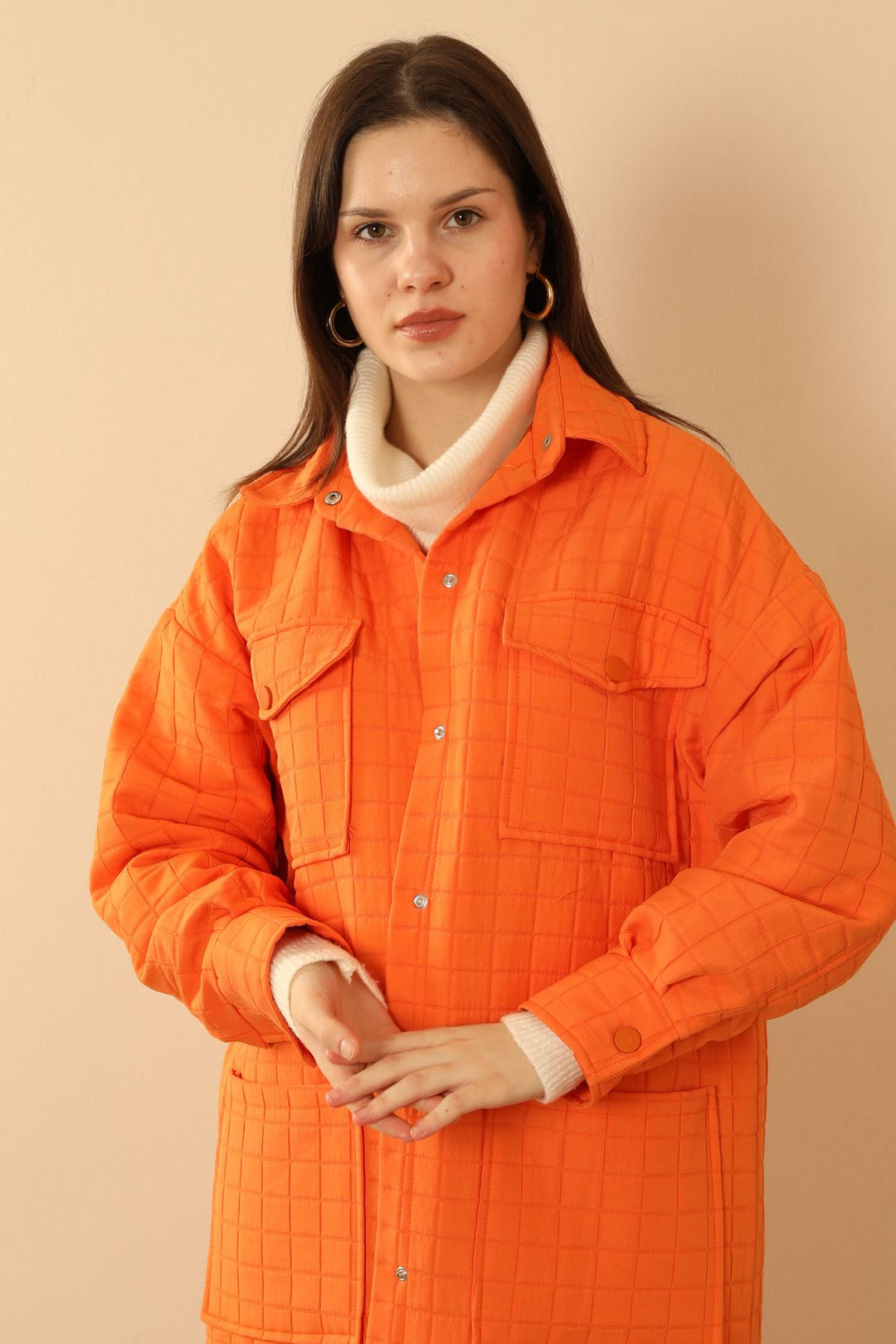 KKT Jakar Fabric Big Square Pattern Oversize Long Women Shirt-Orange - Saltillo