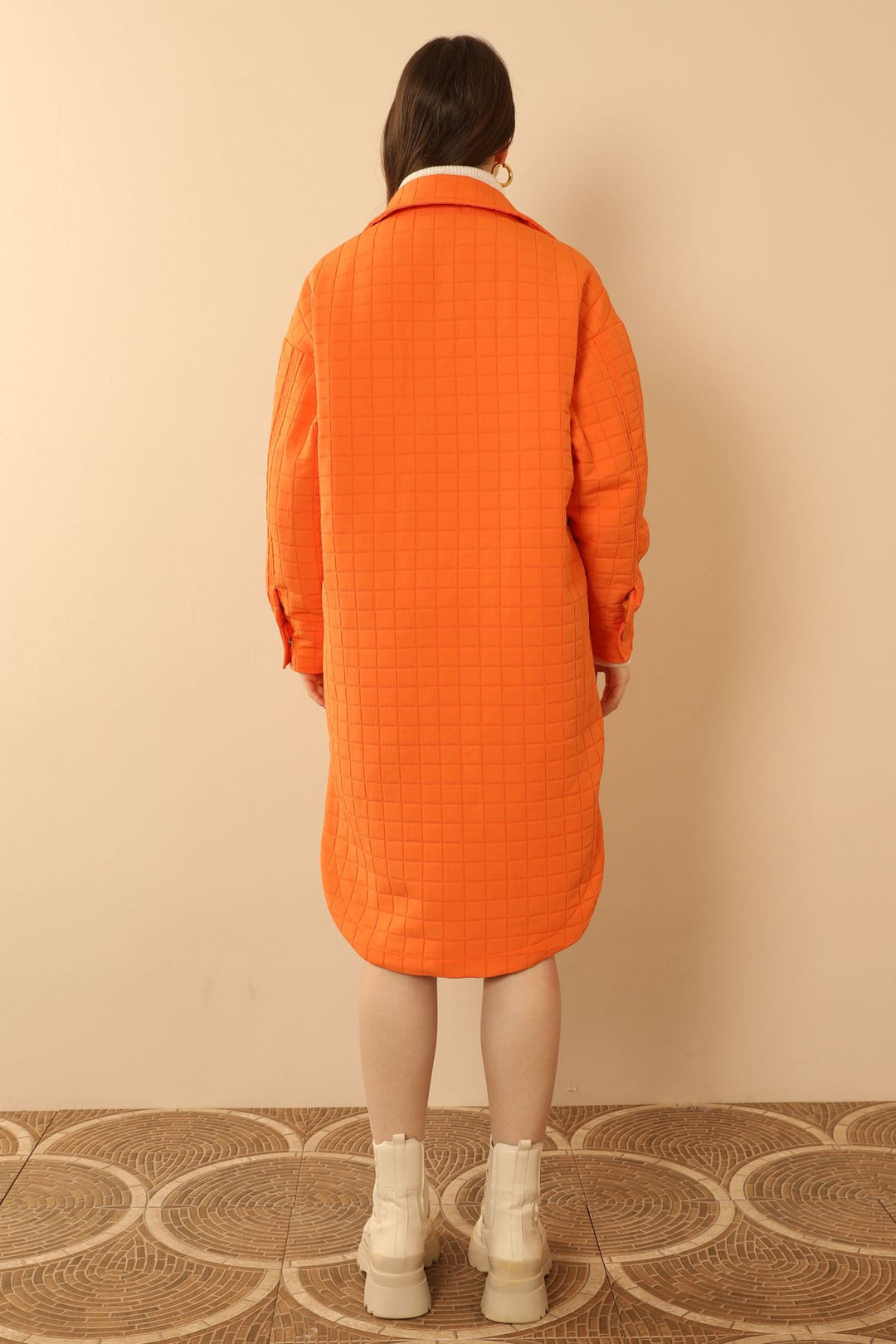 KKT Jakar Fabric Big Square Pattern Oversize Long Women Shirt-Orange - Saltillo