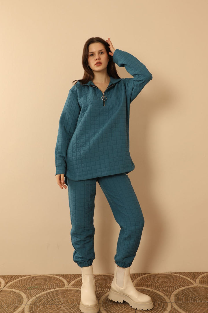 KKT Jakar Fabric Big Square Hooded Women Sets-İndigo - Madison