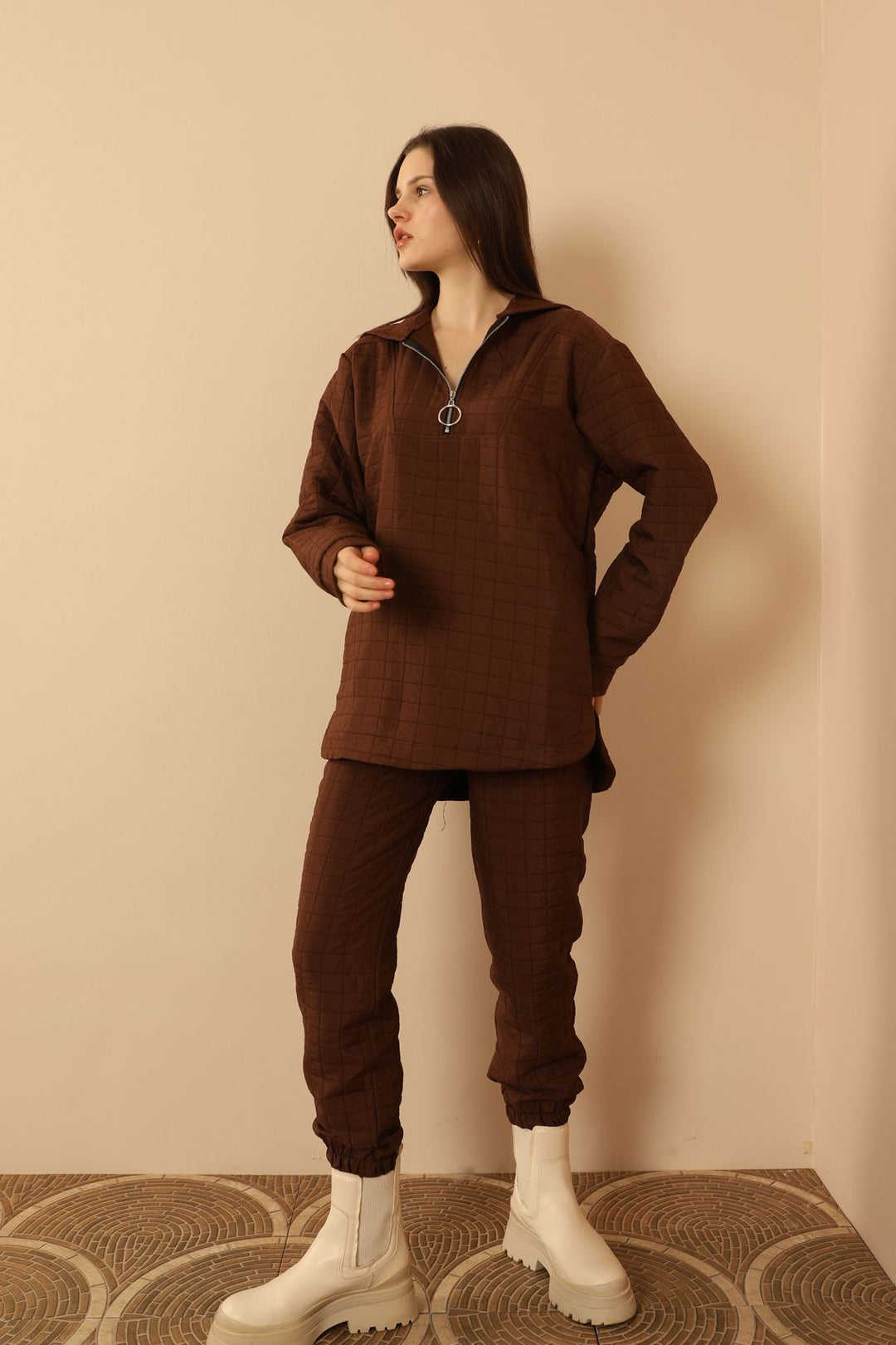 KKT Jakar Fabric Big Square Hooded Women Sets-Brown - Warrington