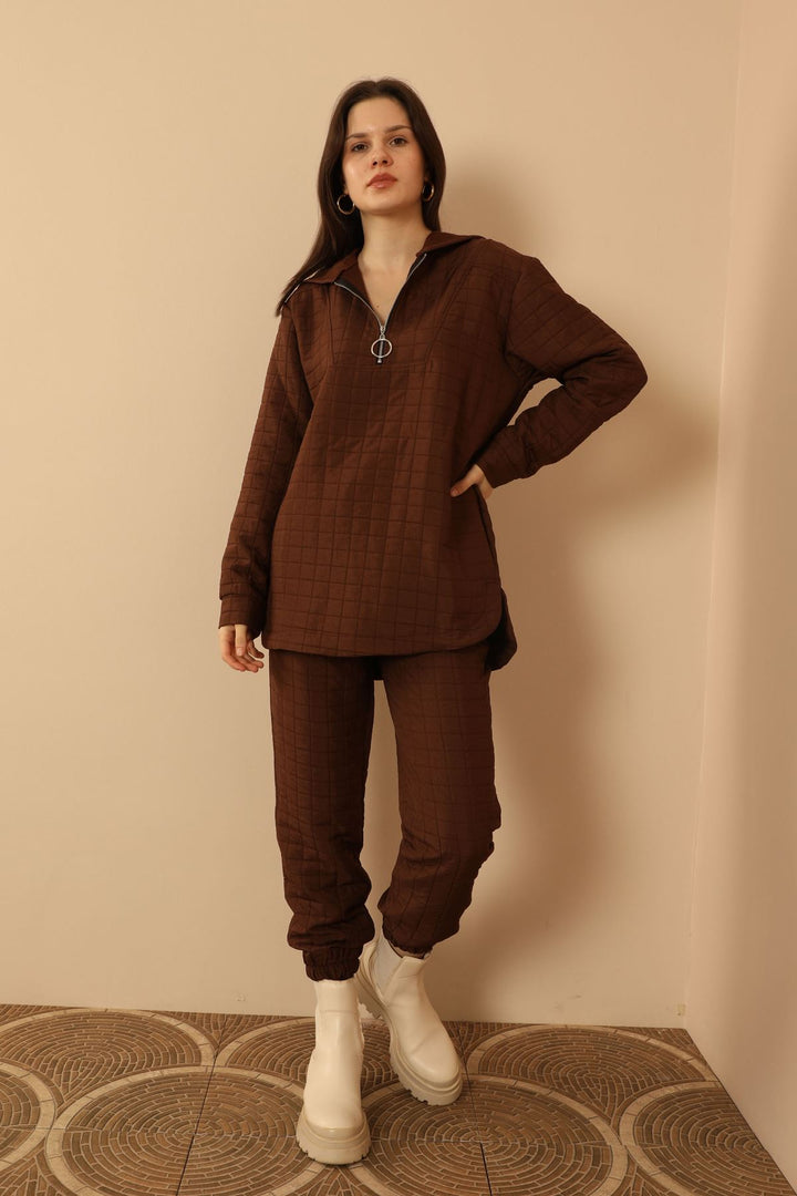 KKT Jakar Fabric Big Square Hooded Women Sets-Brown - Warrington