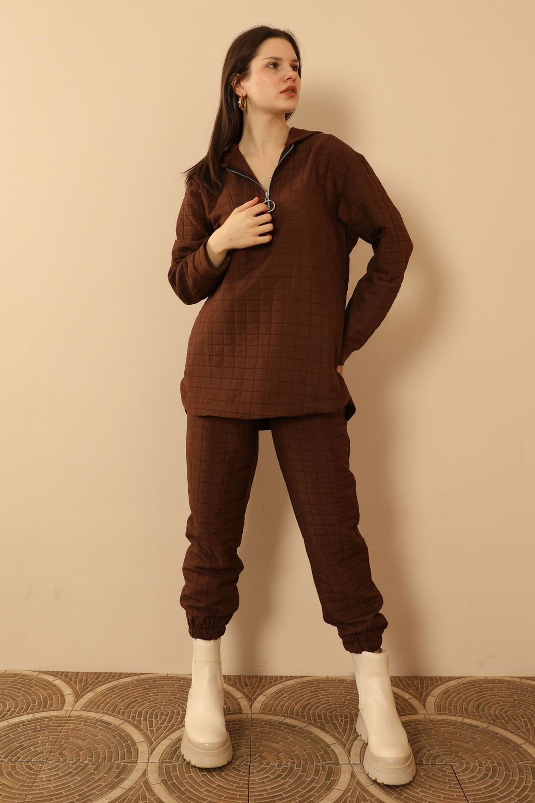 KKT Jakar Fabric Big Square Hooded Women Sets-Brown - Warrington