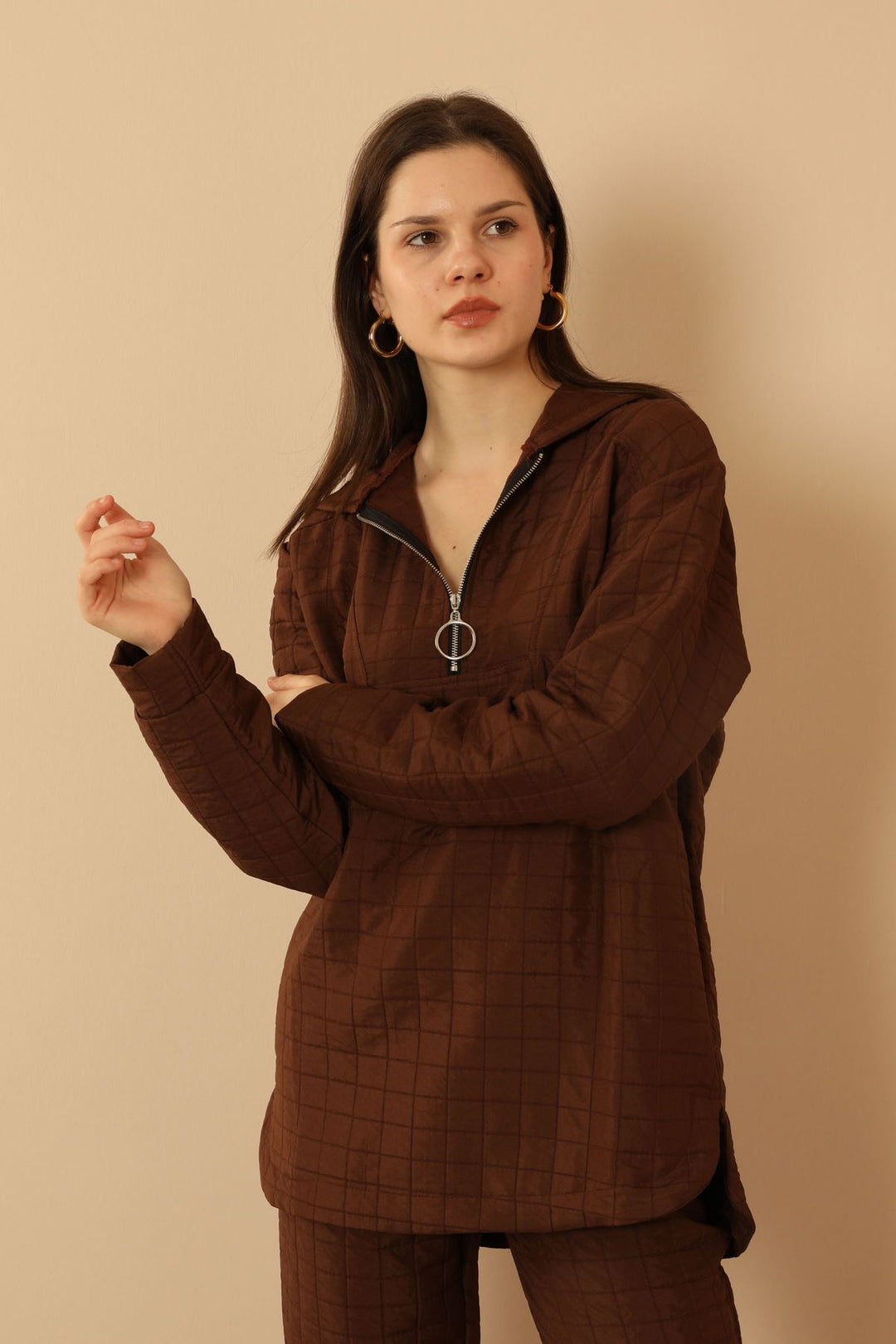 KKT Jakar Fabric Big Square Hooded Women Sets-Brown - Warrington