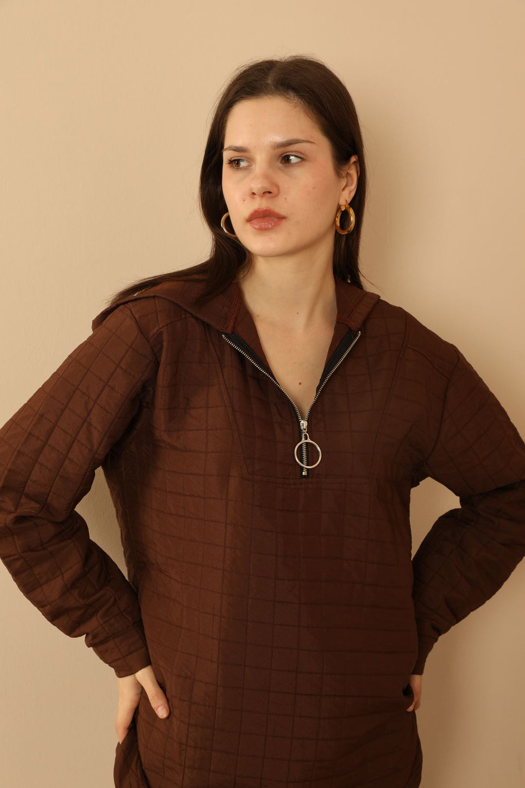 KKT Jakar Fabric Big Square Hooded Women Sets-Brown - Warrington