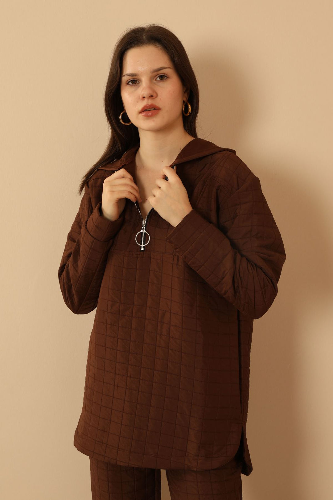 KKT Jakar Fabric Big Square Hooded Women Sets-Brown - Warrington