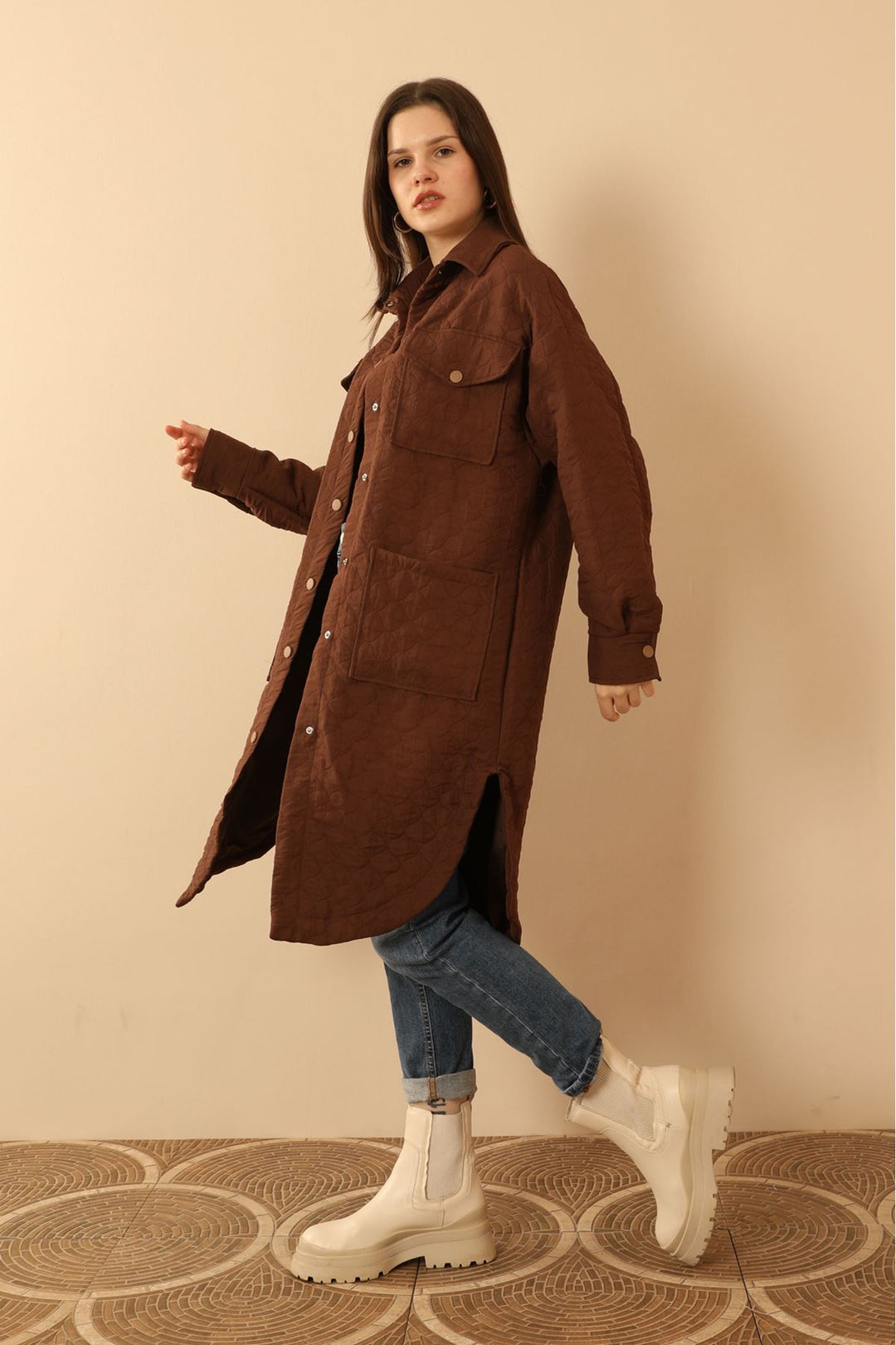 KKT Jakar Fabric Onion Pattern Oversize Long Women Shirt-Brown - Appleton