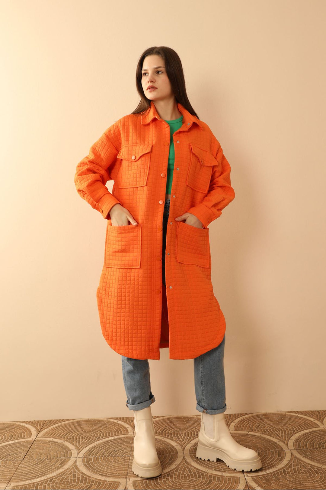 KKT Jakar Fabric Square Pattern Oversize Women Shirt-Oranj - Daly City