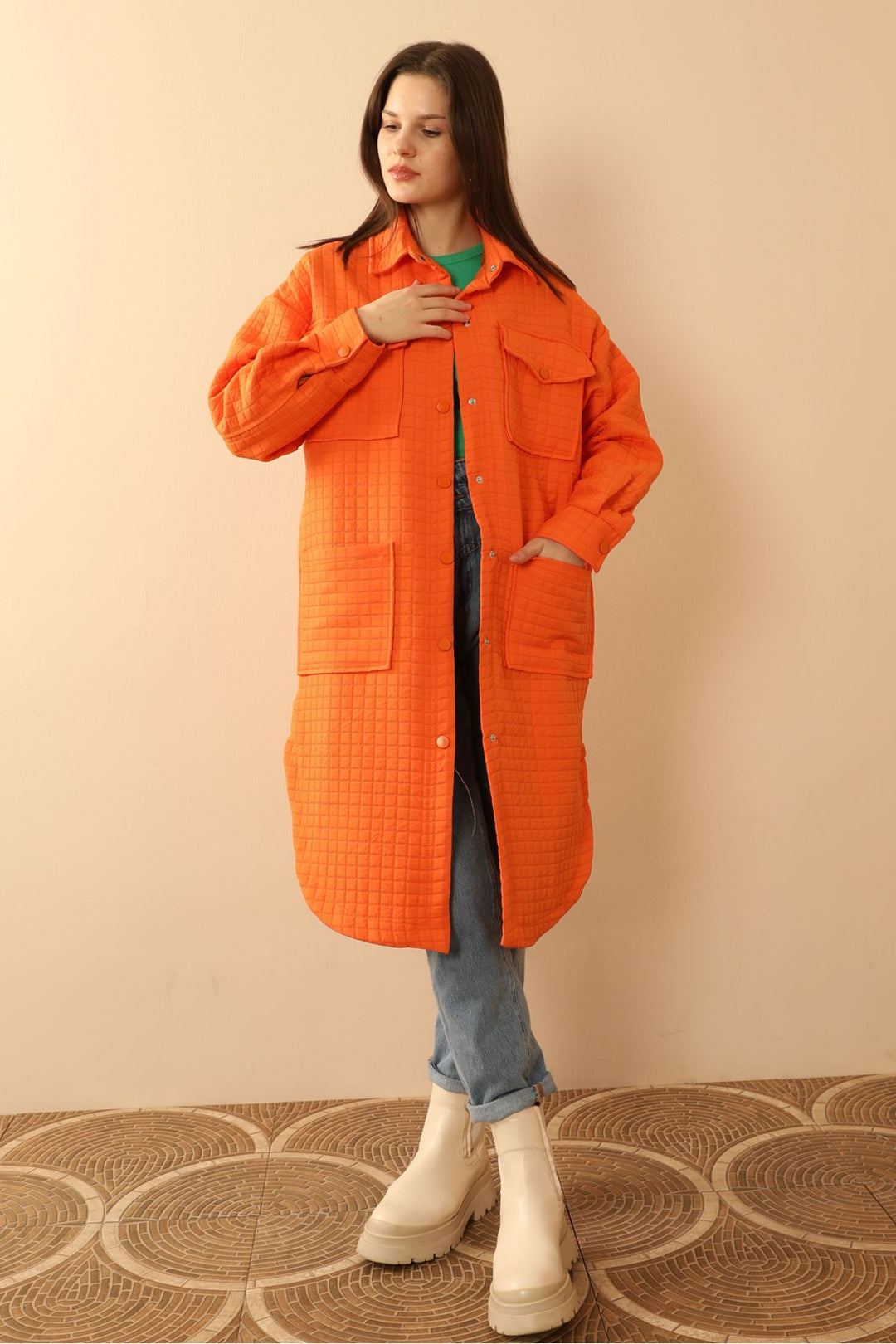 KKT Jakar Fabric Square Pattern Oversize Women Shirt-Oranj - Daly City