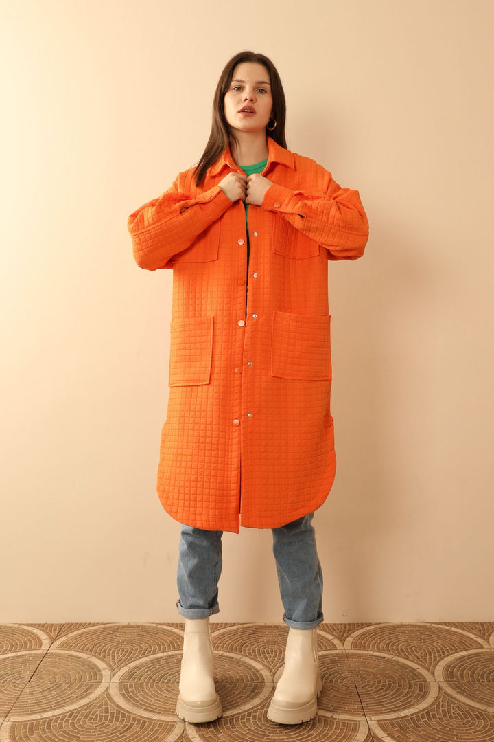 KKT Jakar Fabric Square Pattern Oversize Women Shirt-Oranj - Daly City