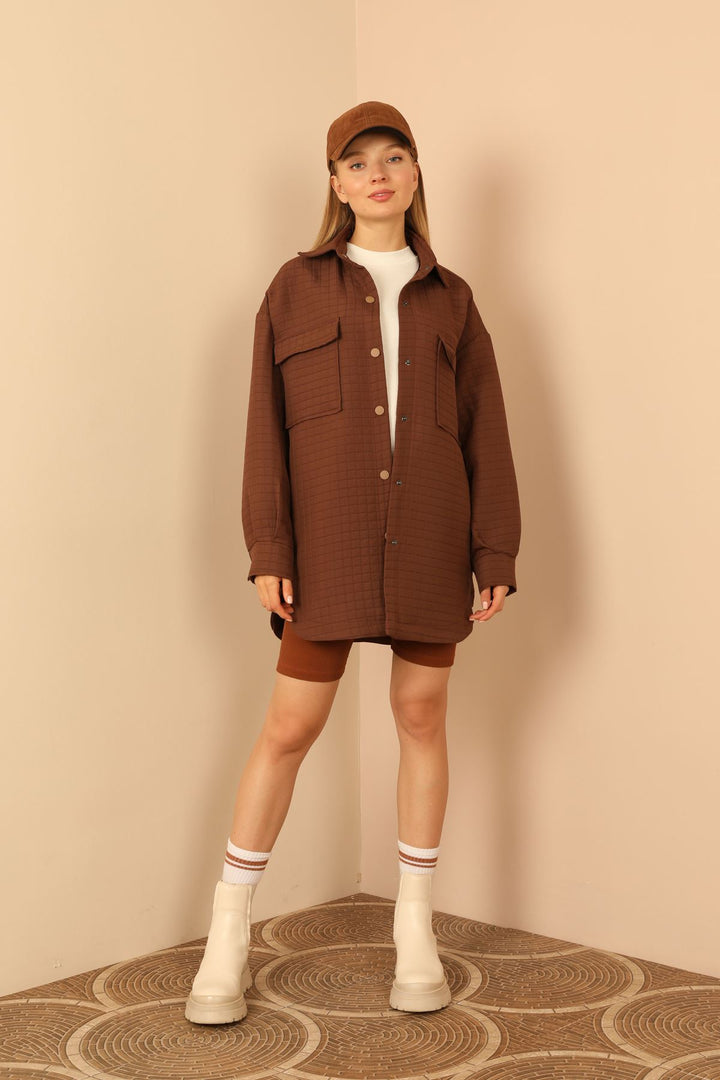 KKT Jakar Fabric Square Pattern Oversize Long Women Shirt-Brown - Santander