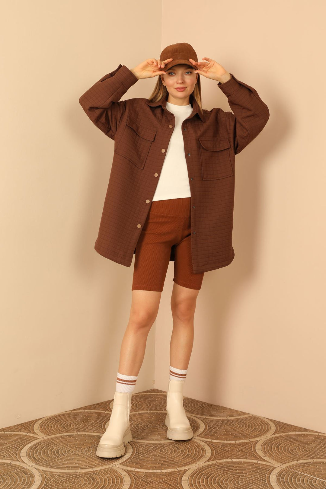 KKT Jakar Fabric Square Pattern Oversize Long Women Shirt-Brown - Santander