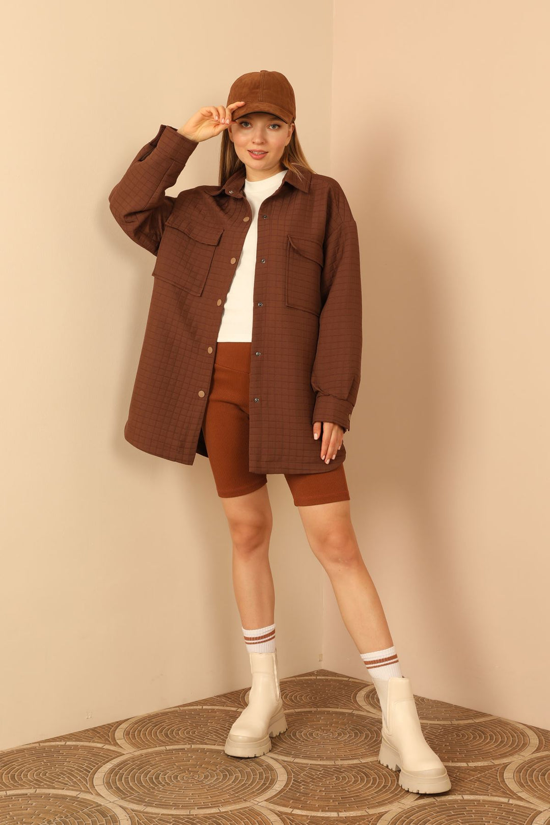 KKT Jakar Fabric Square Pattern Oversize Long Women Shirt-Brown - Santander