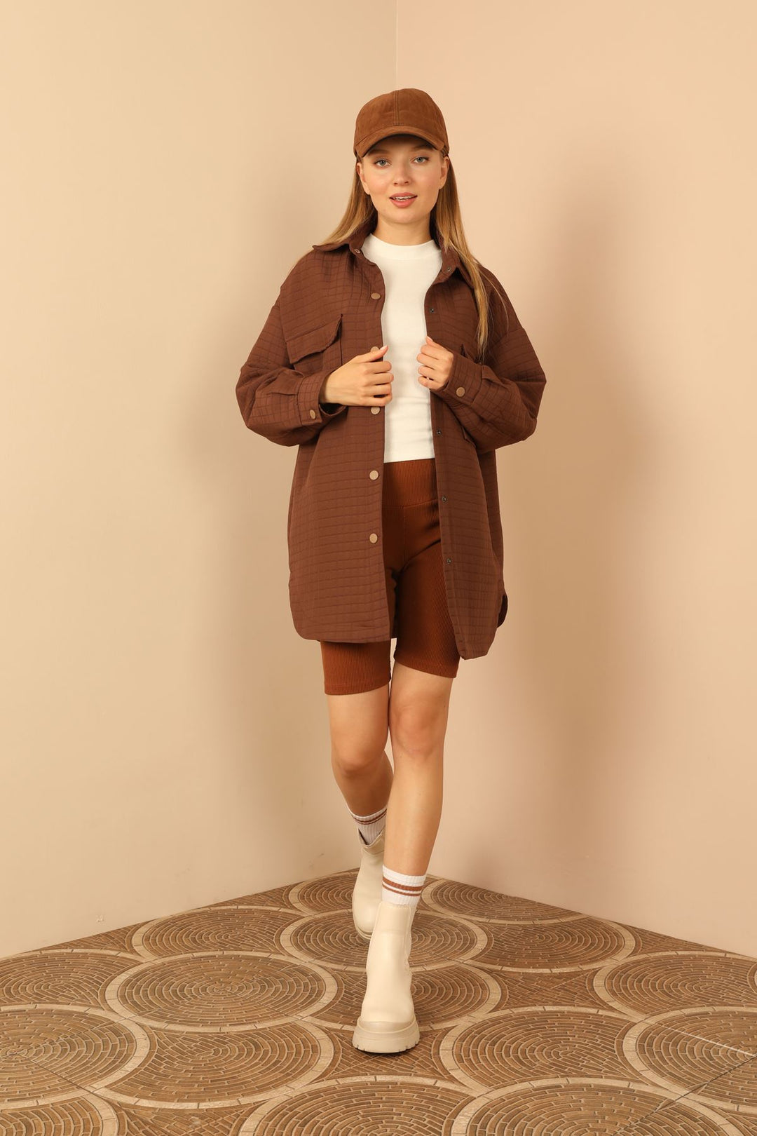 KKT Jakar Fabric Square Pattern Oversize Long Women Shirt-Brown - Santander