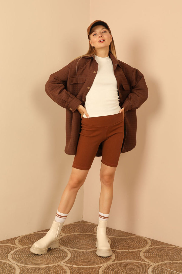 KKT Jakar Fabric Square Pattern Oversize Long Women Shirt-Brown - Santander