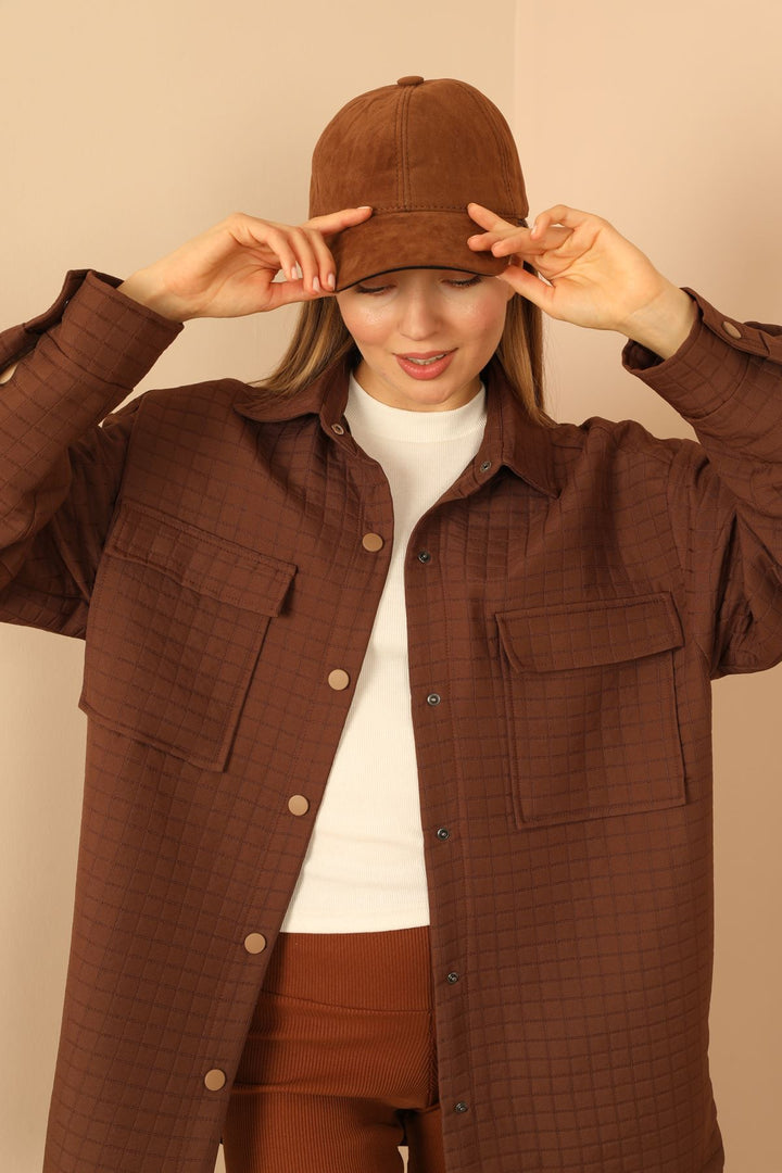 KKT Jakar Fabric Square Pattern Oversize Long Women Shirt-Brown - Santander