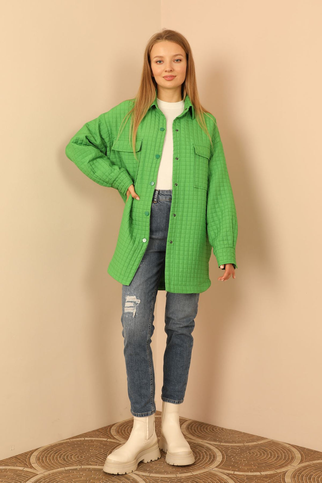 KKT Jakar Fabric Square Pattern Oversize Long Women Shirt-Green - Freiburg im Breisgau