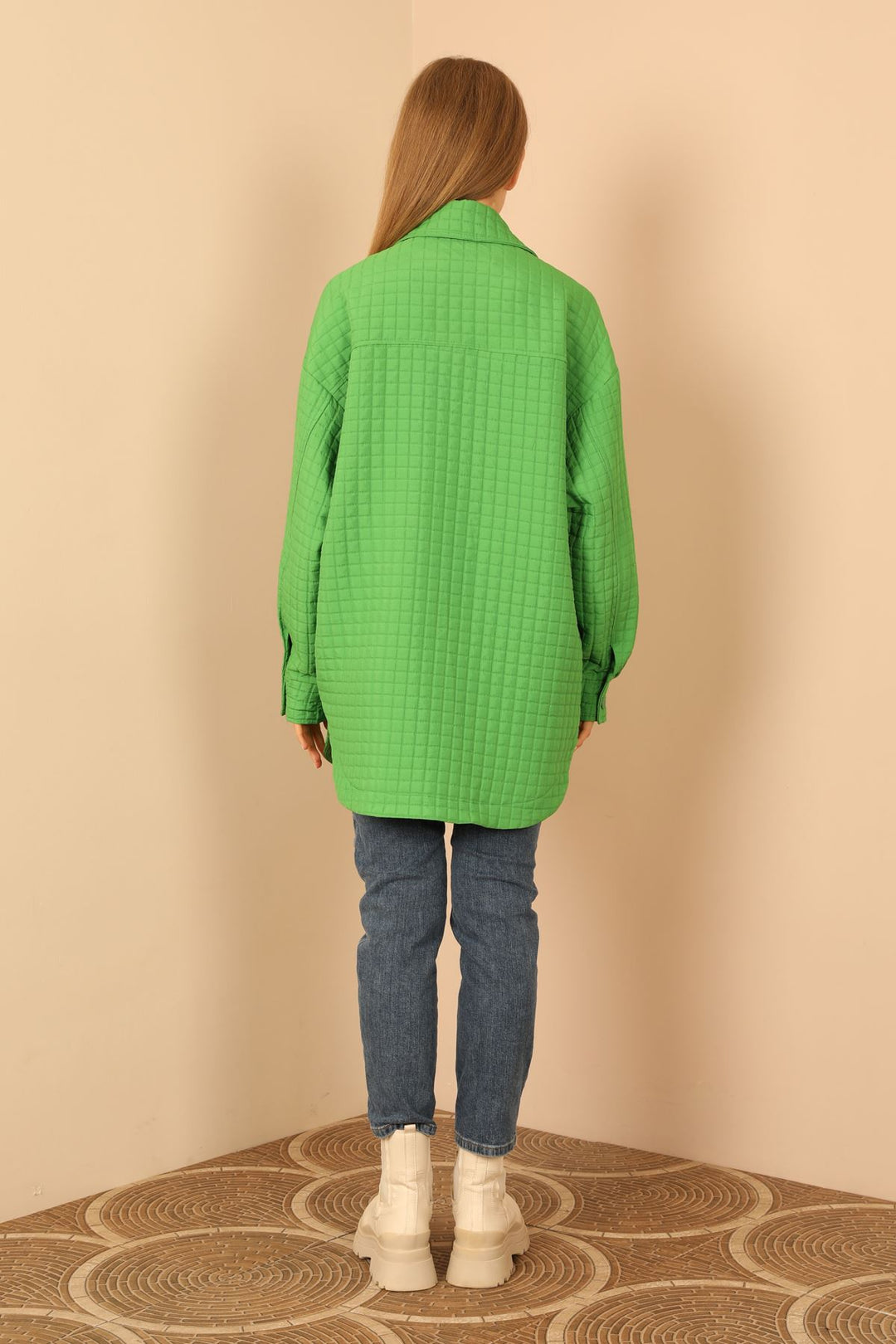 KKT Jakar Fabric Square Pattern Oversize Long Women Shirt-Green - Freiburg im Breisgau