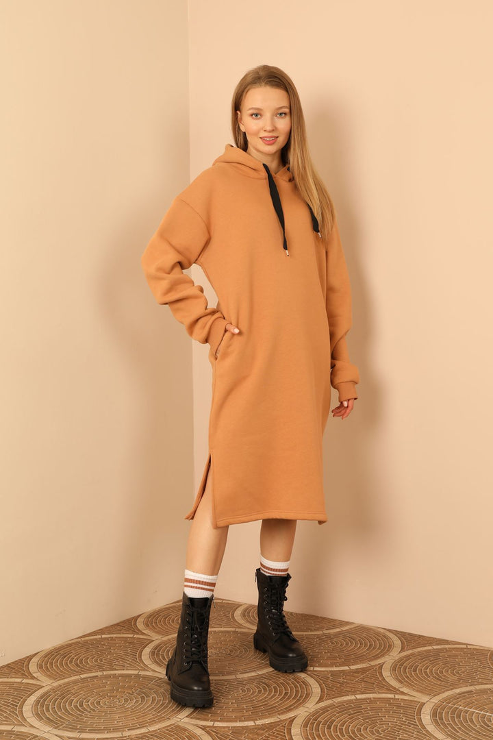 KKT Third Knit With Wool İnside Fabric Long Sleeve Hooded Oversize Women Dress - Light Brown - Huntington Beach