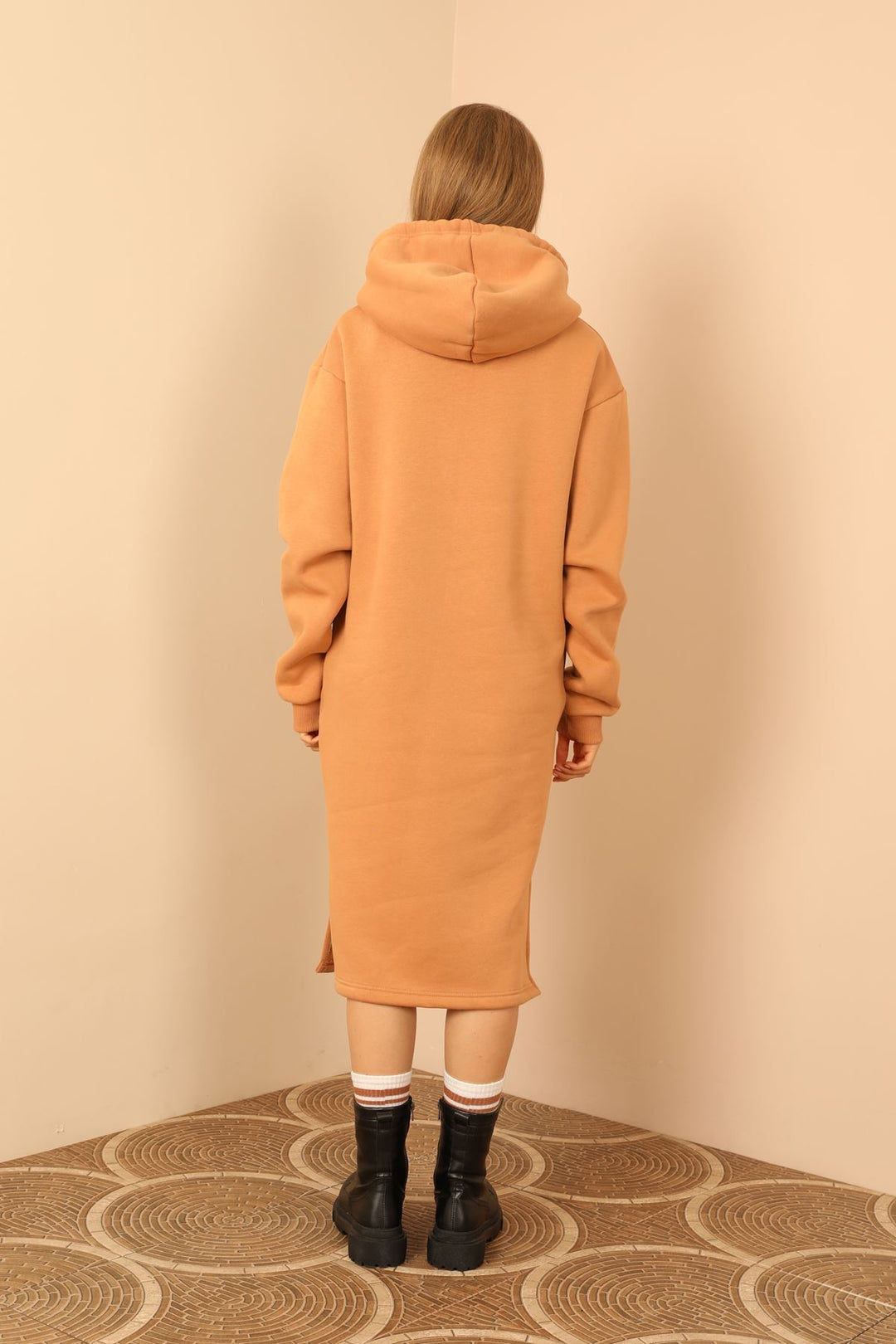 KKT Third Knit With Wool İnside Fabric Long Sleeve Hooded Oversize Women Dress - Light Brown - Huntington Beach