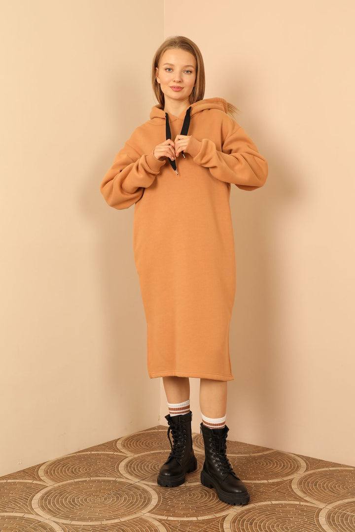 KKT Third Knit With Wool İnside Fabric Long Sleeve Hooded Oversize Women Dress - Light Brown - Huntington Beach