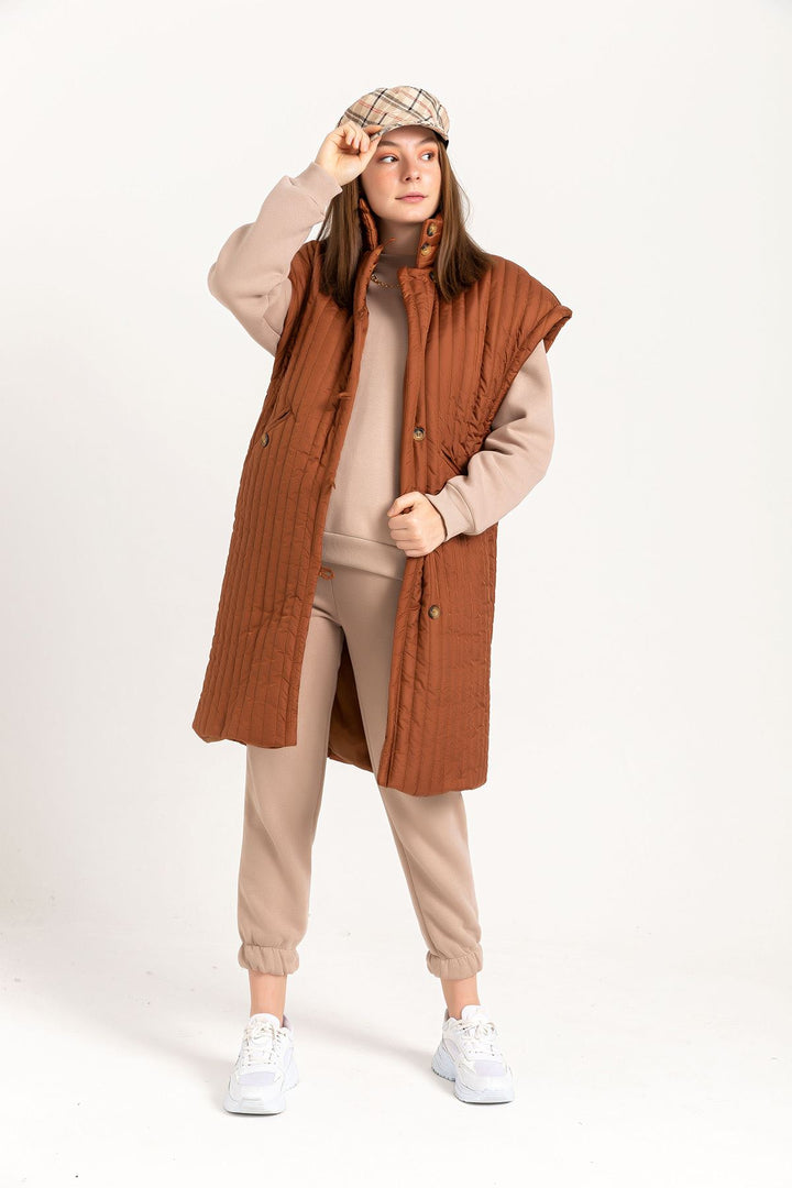 KKT Quilted Fabric Sleeveless Hooded Knee Height Button Women Vest - Light Brown - Temoaya