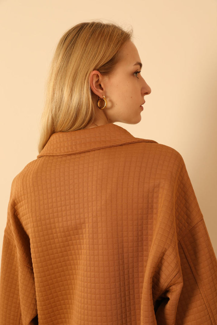 KKT Quilted Fabric Long Sleeve Below Hip Oversize Fastened Women'S Shirt - Light Brown - Bautzen