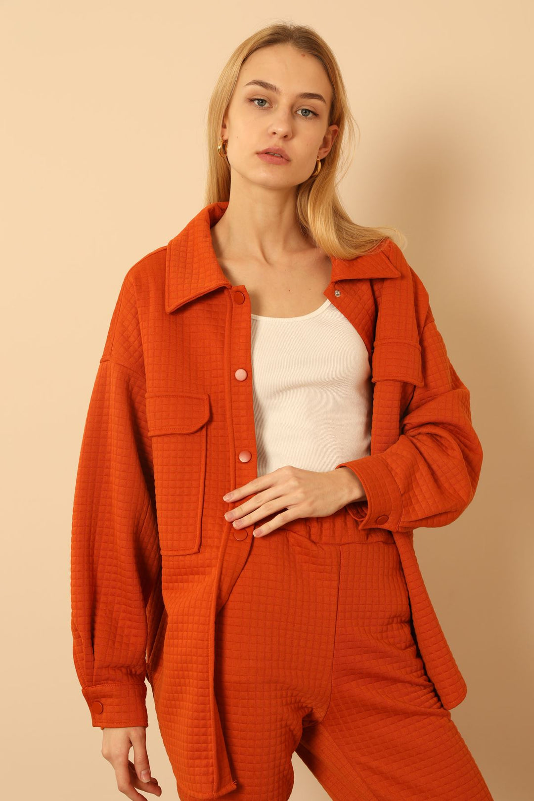 KKT Quilted Fabric Long Sleeve Below Hip Oversize Fastened Women'S Shirt - Cinnamon  - Beverwijk