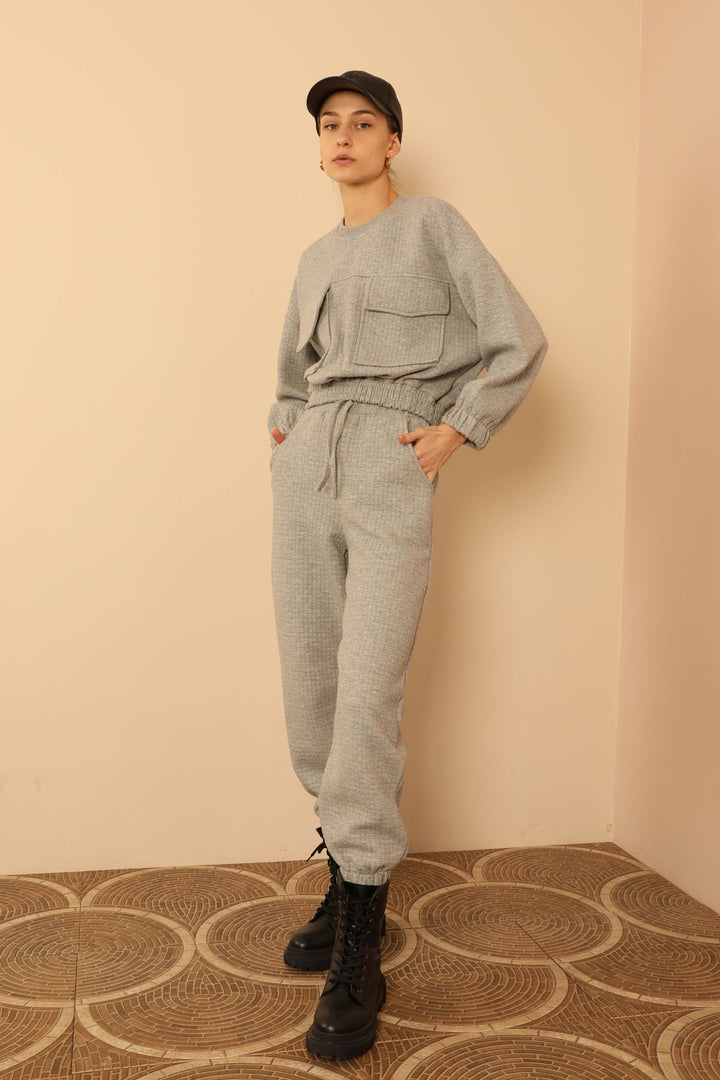 KKT Quilted Fabric Bicycle Collar Oversize Double Pocket Women Sweatshirt - Grey - Schwabach