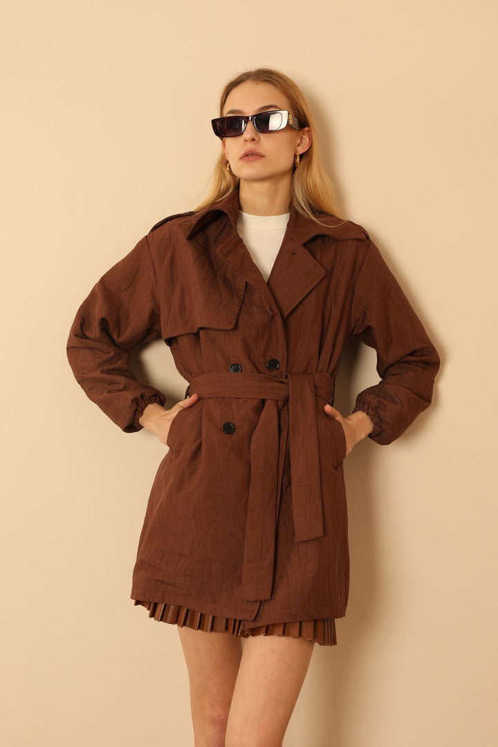 KKT Jakar Fabric Onion Pattern Women Trench Coat-Brown - East Meadow