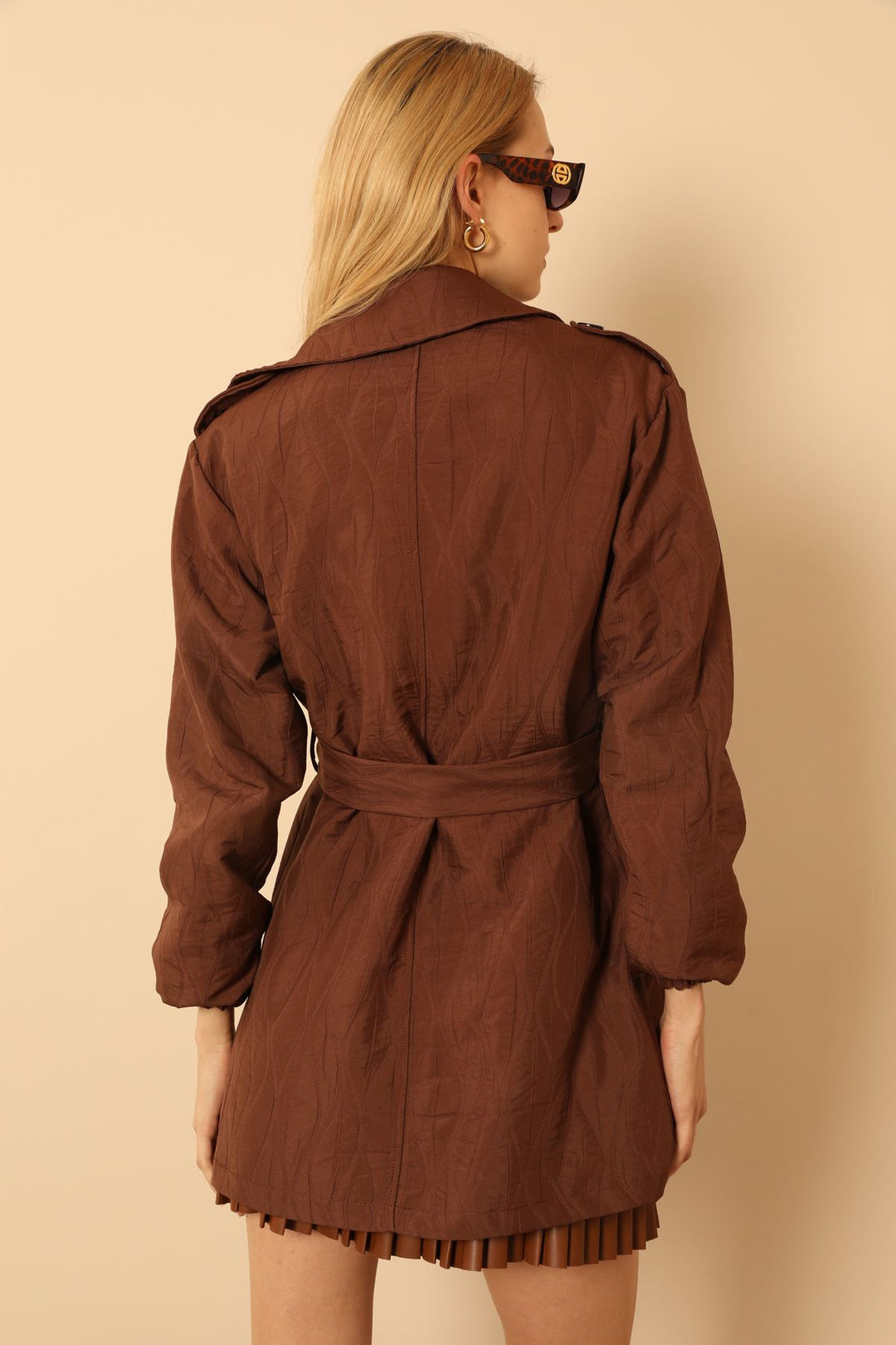 KKT Jakar Fabric Onion Pattern Women Trench Coat-Brown - East Meadow