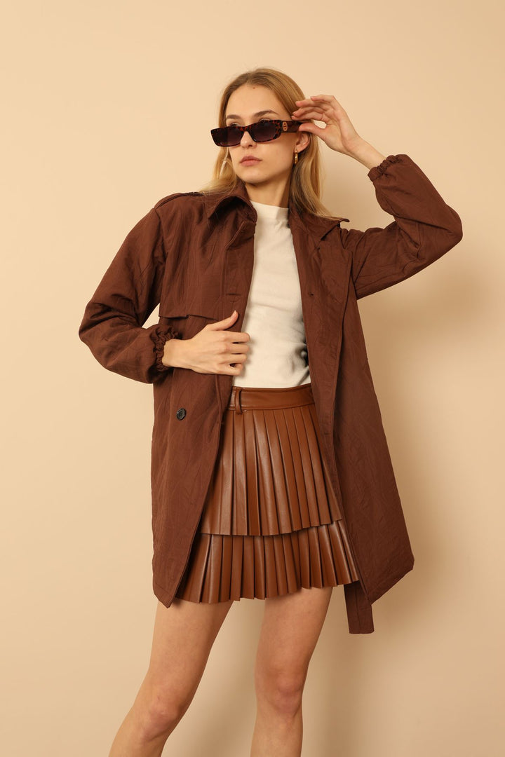 KKT Jakar Fabric Onion Pattern Women Trench Coat-Brown - East Meadow