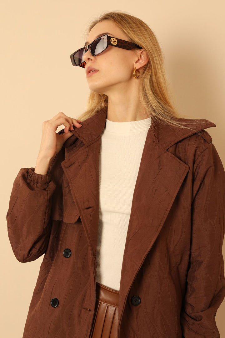 KKT Jakar Fabric Onion Pattern Women Trench Coat-Brown - East Meadow