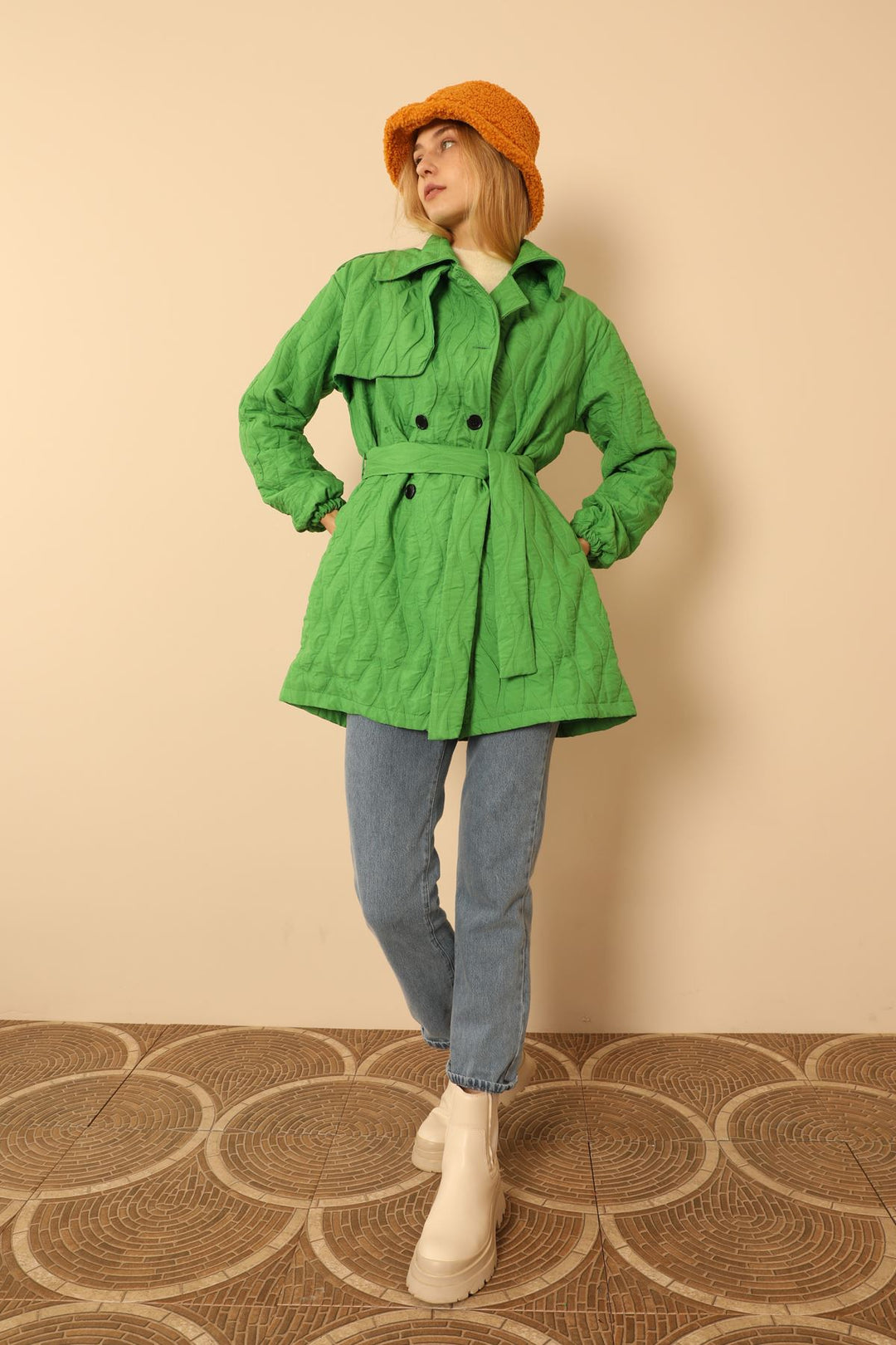 KKT JAKAR Ткань луковой рисунок женщин Trench Coat -Green - Daugavpils