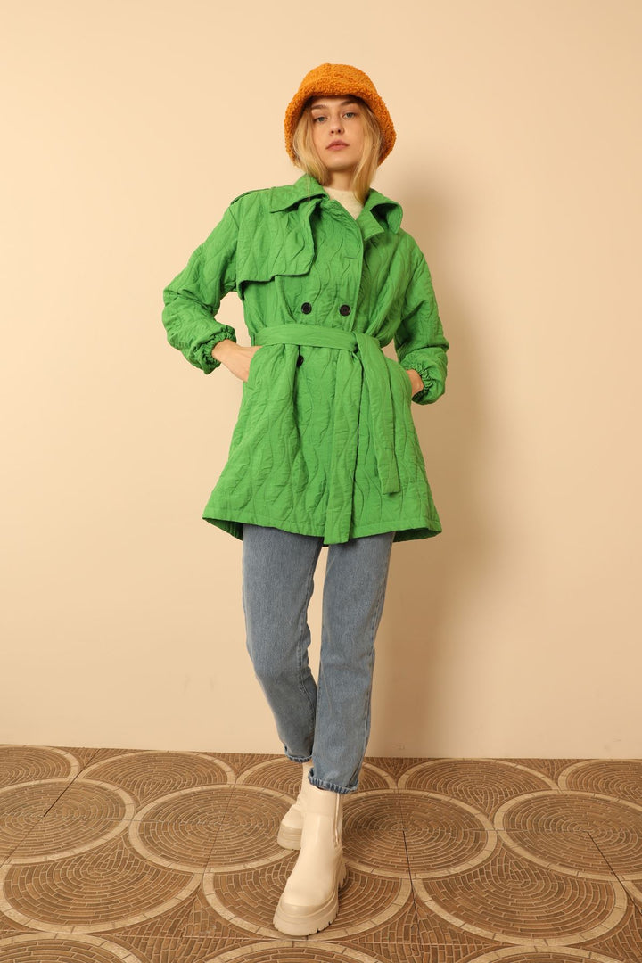 KKT JAKAR Ткань луковой рисунок женщин Trench Coat -Green - Daugavpils