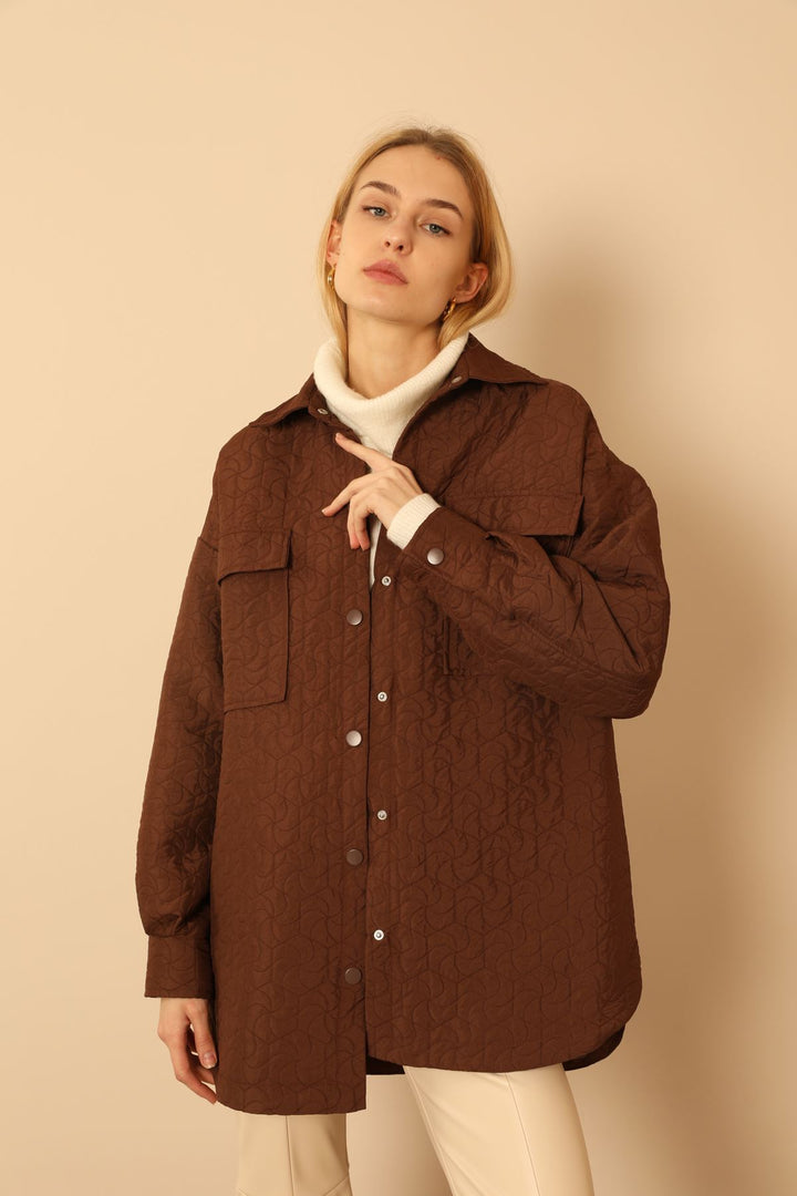 KKT Jakar Fabric Geometric Pattern Oversize Women Shirt-Brown - Missouri City